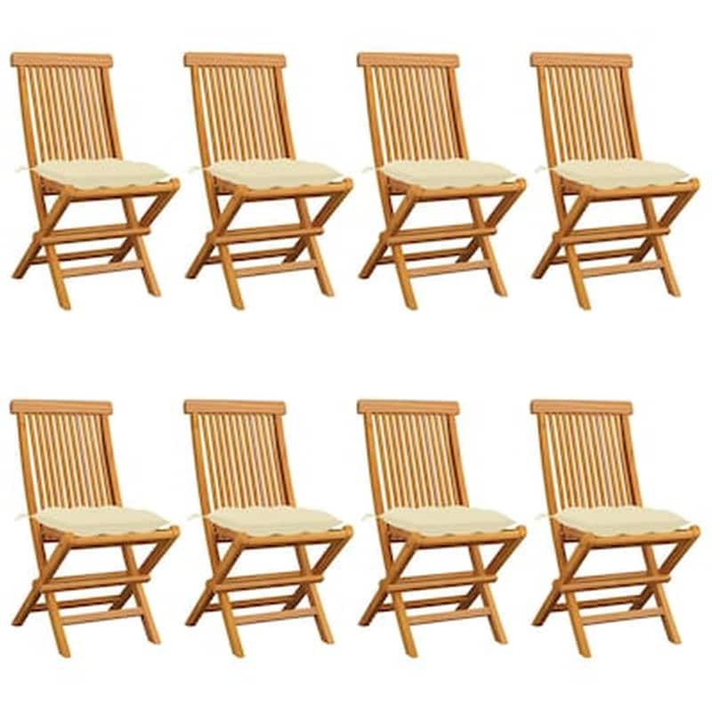 Vidaxl Καρέκλες Κήπου 8 Τεμ. Μασίφ Ξύλο Teak Με Λευκά Κρεμ Μαξιλάρια