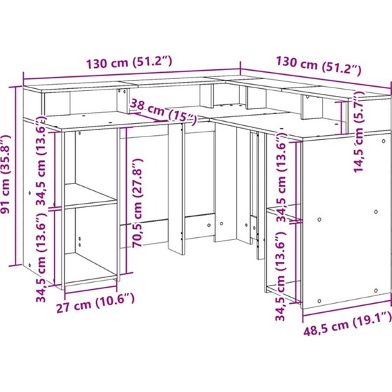 Γραφείο VidaXL με LED από Επεξεργασμένο Ξύλο 130x130x91 cm - Λευκό image 11