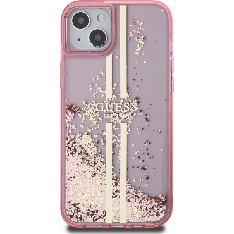 GUESS Θήκη Apple iPhone 15 Plus - Guess Liquid Glitter Gold Stripes - Ροζ