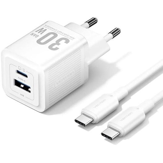 Φορτιστής Πρίζας Vention TZ-FCEW0-EU GAN USB-C/USB-A 30W - Λευκό image 0