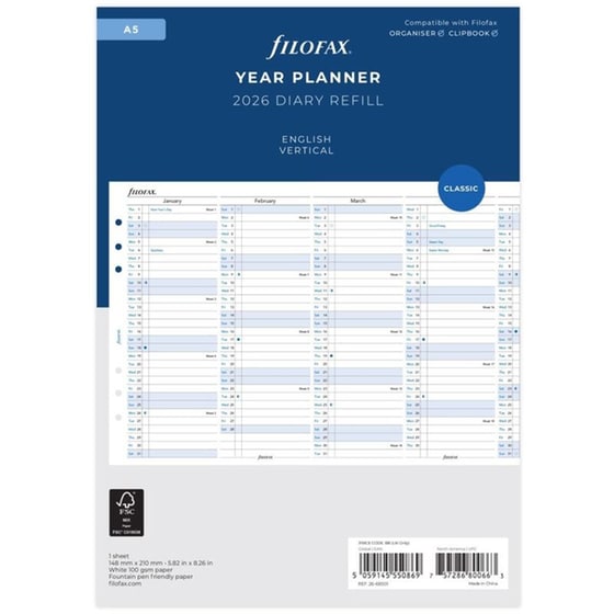 Ανταλλακτικά Φύλλα Ημερολογίου Filofax 2026 Eng. Α5 Κάθετο Πλάνο image 0
