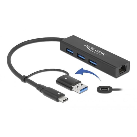 Delock Usb Hub 64149 3x Usb 3.2 Gen 1/gigabit Lan 1000mbps, 5gbps, Μαύρο image 0