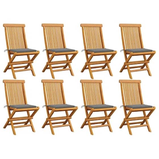 Vidaxl Καρέκλες Κήπου 8 Τεμ. Μασίφ Ξύλο Teak Με Γκρι Μαξιλάρια image 0