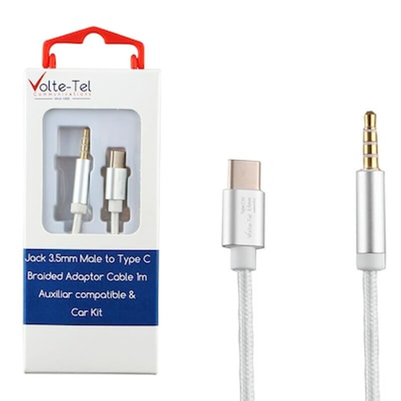 VOLTE-TEL Volte-tel Καλωδιο Braided Μετατροπεας Jack 3.5mm Male To Type C (aux) 1m White