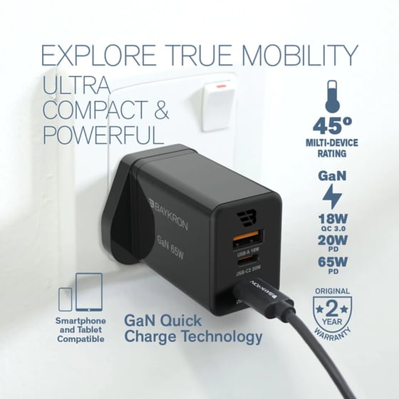 Φορτιστής Πρίζας Baykron USB-A / 2x USB-C 65W - Μαύρο image 3