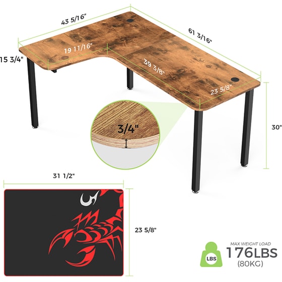 Γραφείο Gaming Eureka Ergonomic από Carbon Fiber ERK-CD-L01L-60VP 155.4x110x76.2cm - Καφέ image 3