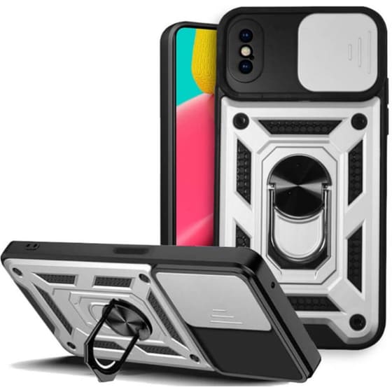 Θήκη Apple iPhone X / iPhone XS - Bodycell Armor Slide με Κάλυμμα Κάμερας & Μεταλλικό Ring Holder - Ασημί image 0