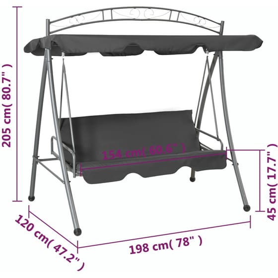 Κούνια Κήπου VidaXL με Σκίαστρο από Χάλυβα 198x120x205 cm - Ανθρακί image 5