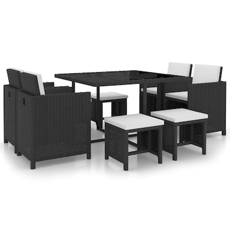 Vidaxl Σετ Τραπεζαρίας Εξ. Χώρου 9 Τεμ. Μαύρο Συνθ. Ρατάν Με Μαξιλάρια VIDAXL