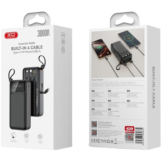 Powerbank XO PR280 30.000mAh 10W με 4 ενσωματωμένα καλώδια - Black image 4