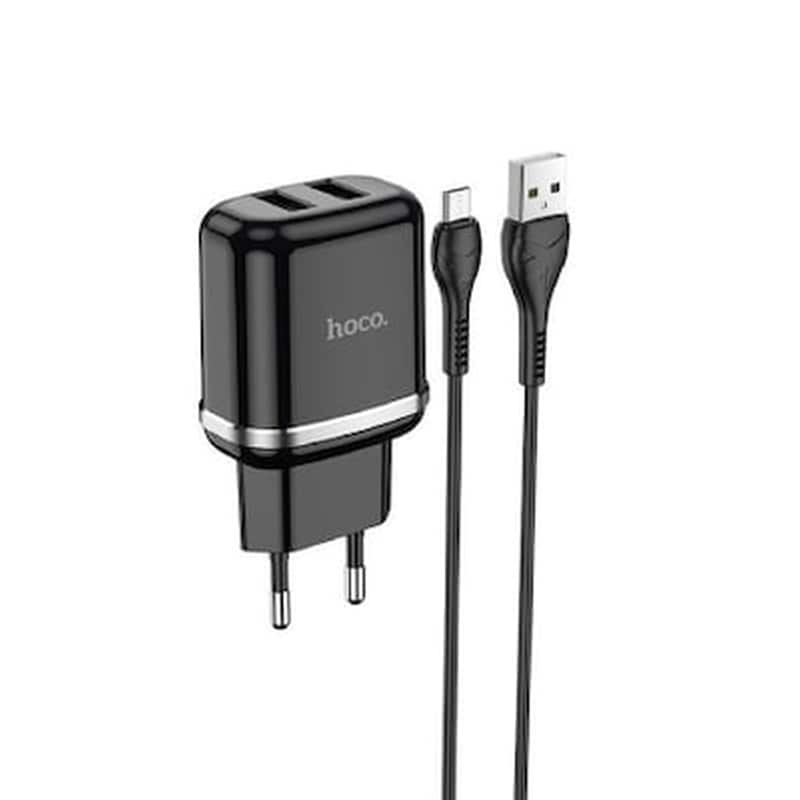 Φορτιστής Ταξιδίου Hoco N4 Aspiring Με 2 Εξόδους Φόρτισης Usb 5v 2.4a Μαύρος Με Καλώδιο Micro Usb 1μ