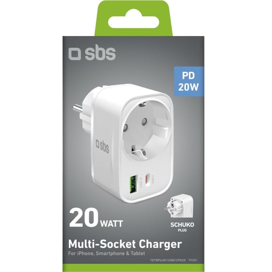 Φορτιστής Πρίζας SBS Multi-Socket Charger 1x USB-C / 1x USB-A 20W - White image 1