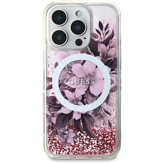 Θήκη Apple iPhone 16 Pro Max Guess Liquid Glitter Flower - Ροζ image 1