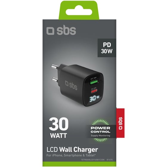 Φορτιστής Πρίζας SBS LCD Wall Charger 1x USB-C / 1x USB-A 30W - Black image 1