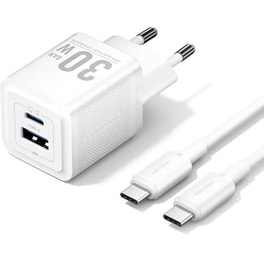 Σετ Φορτιστής Πρίζας Καλώδιο Vention TZ-FEQW0-EU-01 GaN 30W USB-C/USB-A 1m - Λευκό