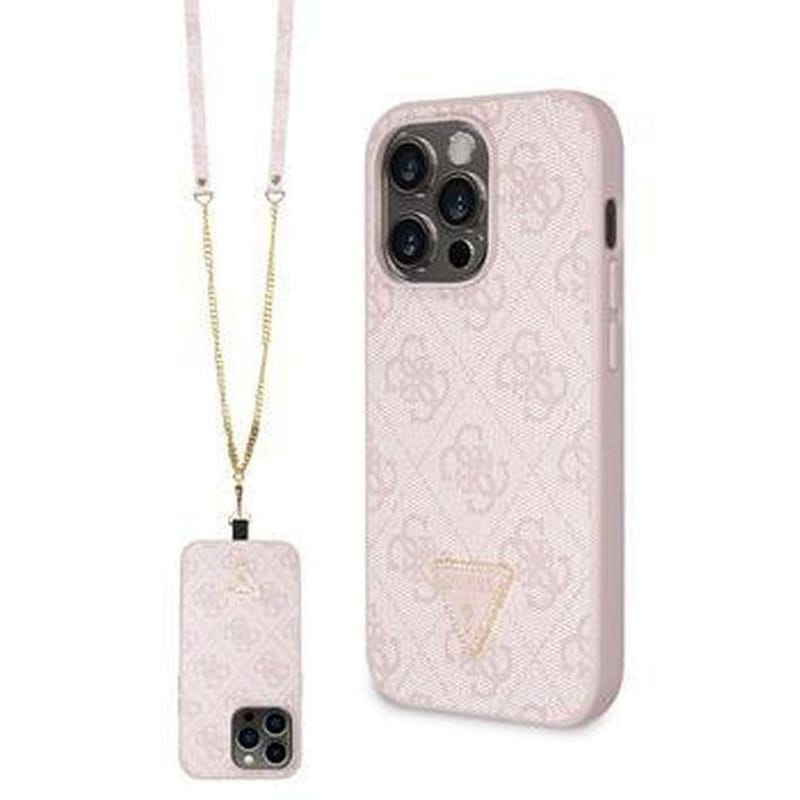Θήκη Apple iPhone 15 Pro - Guess Strass Triangle Metal Logo με Λουράκι - Ροζ