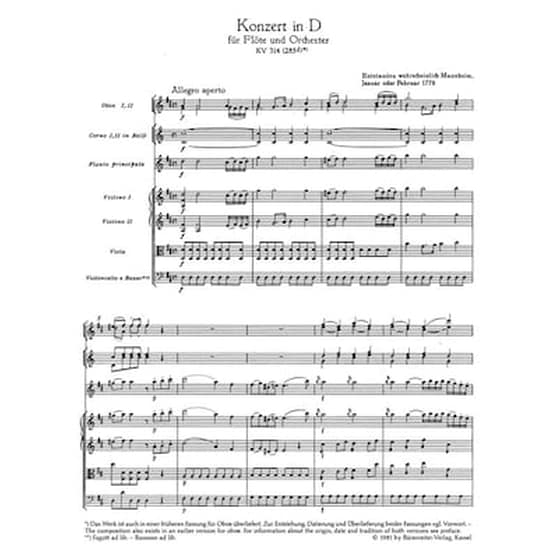 Βιβλίο Για Σύνολα Barenreiter Mozart - Concerto In D Major Flute Kv 314 [pocket Score] image 2