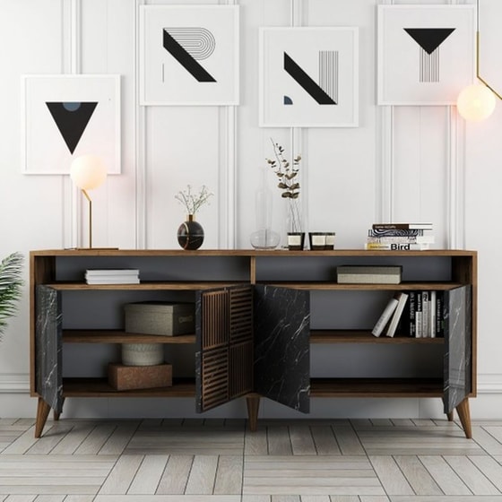 Μπουφές 24Mall Pavia από Μοριοσανίδα/Πλαστικό 180x35x78.6 cm - Καρυδί/Μαύρο image 3