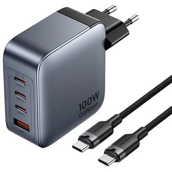 Φορτιστής Πρίζας Vention TZ-FETH0-EU Gan USB-C 100W - Γκρι image 0