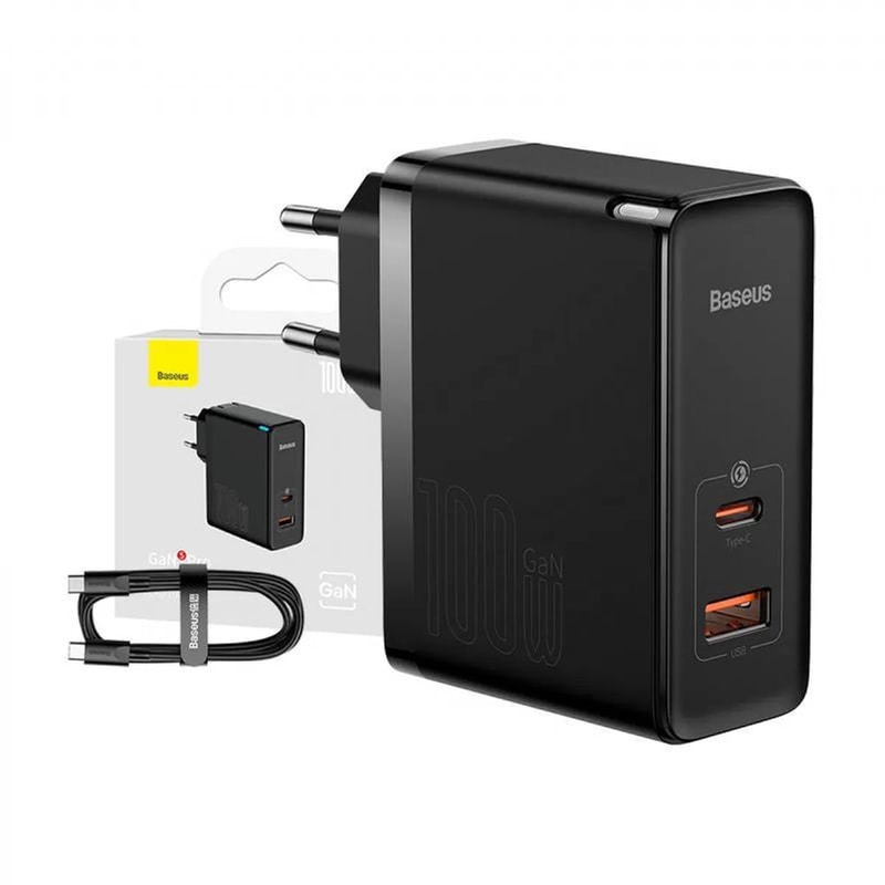 BASEUS Φορτιστής Πρίζας Baseus με Θύρα USB-A/ USB-C 100W Power Delivery / Quick Charge 4 - Μαύρο CCGP090201