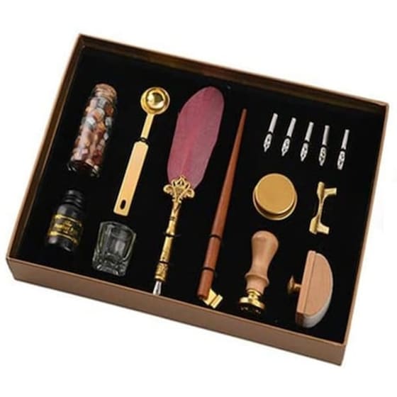 Σετ Γραφής Με Πένα Φτερό Ροζ Και Ξύλινο Κονδυλοφόρο Αντίκα Jiner image 0