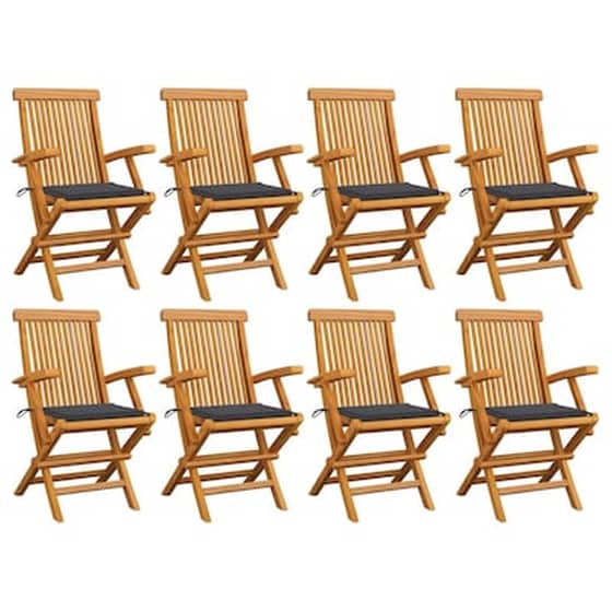 Vidaxl Καρέκλες Κήπου 8 Τεμ. Μασίφ Ξύλο Teak Με Ανθρακί Μαξιλάρια image 0