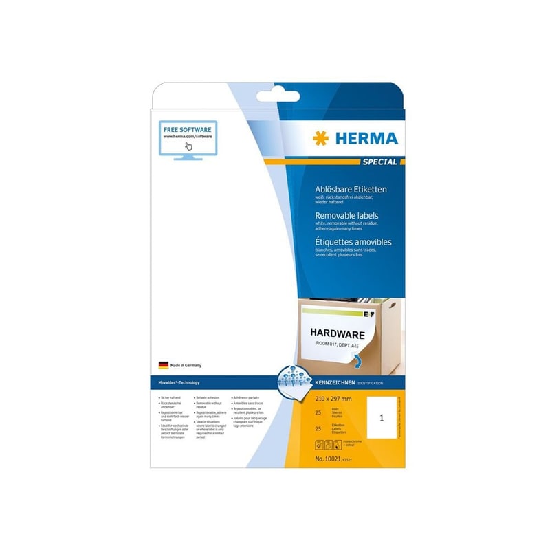 HERMA 10021 - Αυτοκόλλητες ετικέτες εκτύπωσης 210 x 297 mm - Λευκό - 25 ετικέτες