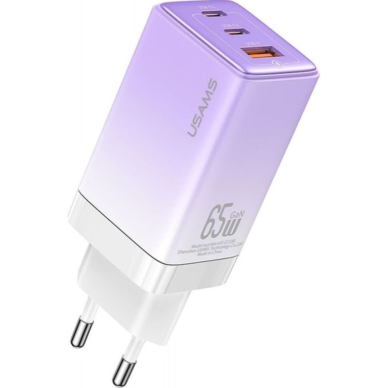 USAMS Usams Φορτιστής Τοίχου Us-cc180, USB και 2x USB-C, 65W PD Gan - Μωβ