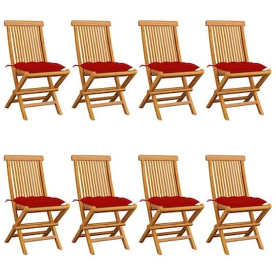 Vidaxl Καρέκλες Κήπου 8 Τεμ. Από Μασίφ Ξύλο Teak Με Κόκκινα Μαξιλάρια image 0