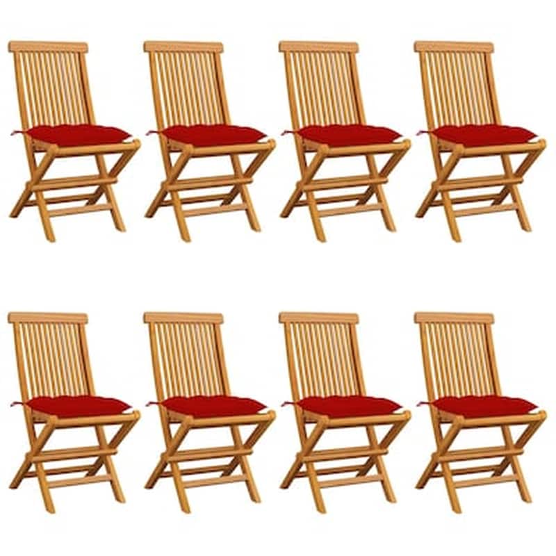 Vidaxl Καρέκλες Κήπου 8 Τεμ. Από Μασίφ Ξύλο Teak Με Κόκκινα Μαξιλάρια
