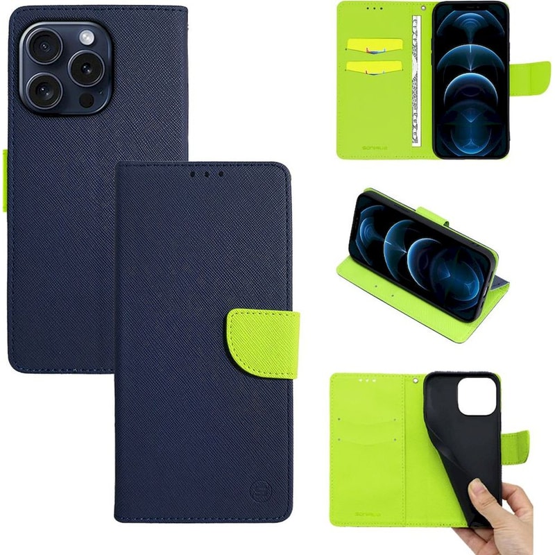 Θήκη Apple iPhone 15 Pro - Sonique Trend Book - Σκούρο Μπλε/Λαχανί