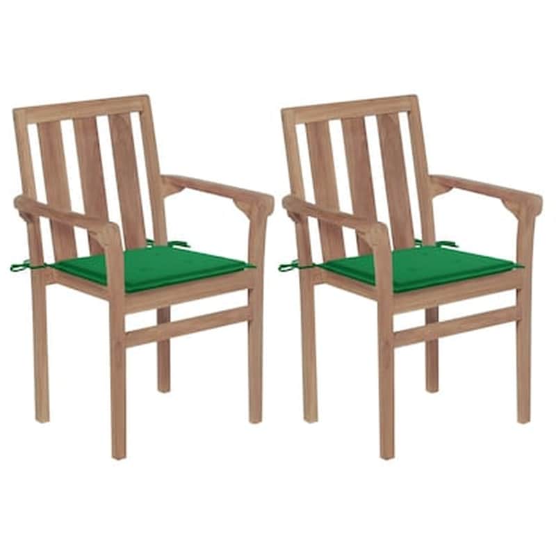 Vidaxl Καρέκλες Κήπου 2 Τεμ. Από Μασίφ Ξύλο Teak Με Πράσινα Μαξιλάρια
