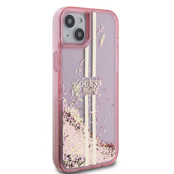 Θήκη Apple iPhone 15 Plus - Guess Liquid Glitter Gold Stripes - Ροζ image 1