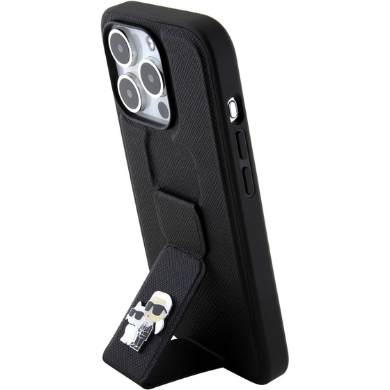 Θήκη Apple iPhone 15 Pro - Karl Lagerfeld Karl + Choupette Metal Pin Saffiano Gripstand Case - Black image 4