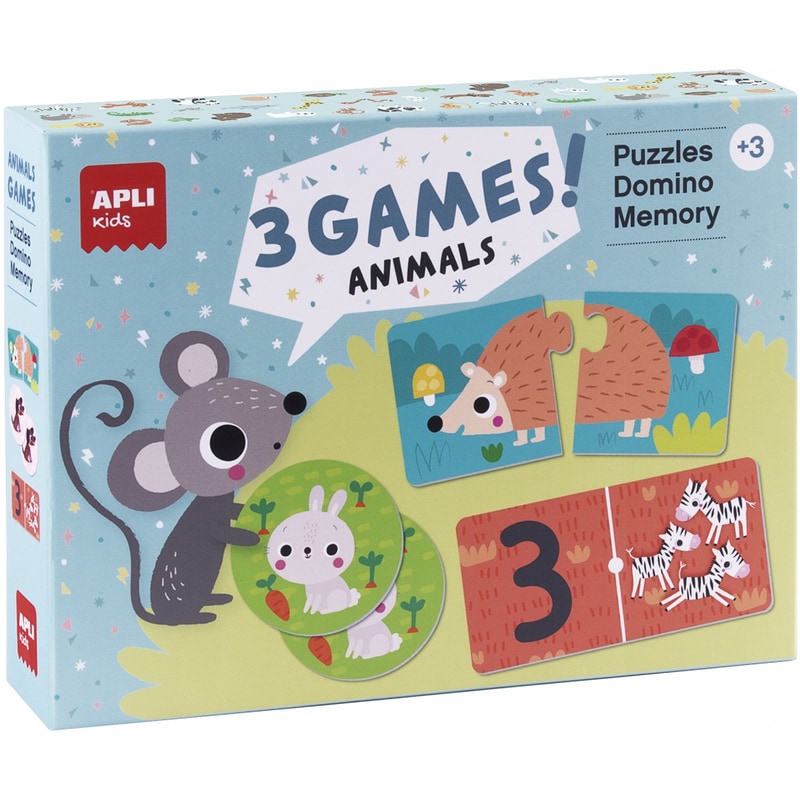 Παζλ Εκπαιδευτικό Apli Kids Σετ 3 Παιχνίδια - Animals(24 Τεμ. παζλ, 36 Τεμ. ντόμινο, 24 Τεμ. μνήμης)