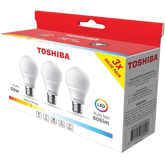 Λάμπα LED Toshiba A60 E27 8.5W 3000K 3Τμχ - Θερμό Λευκό image 1