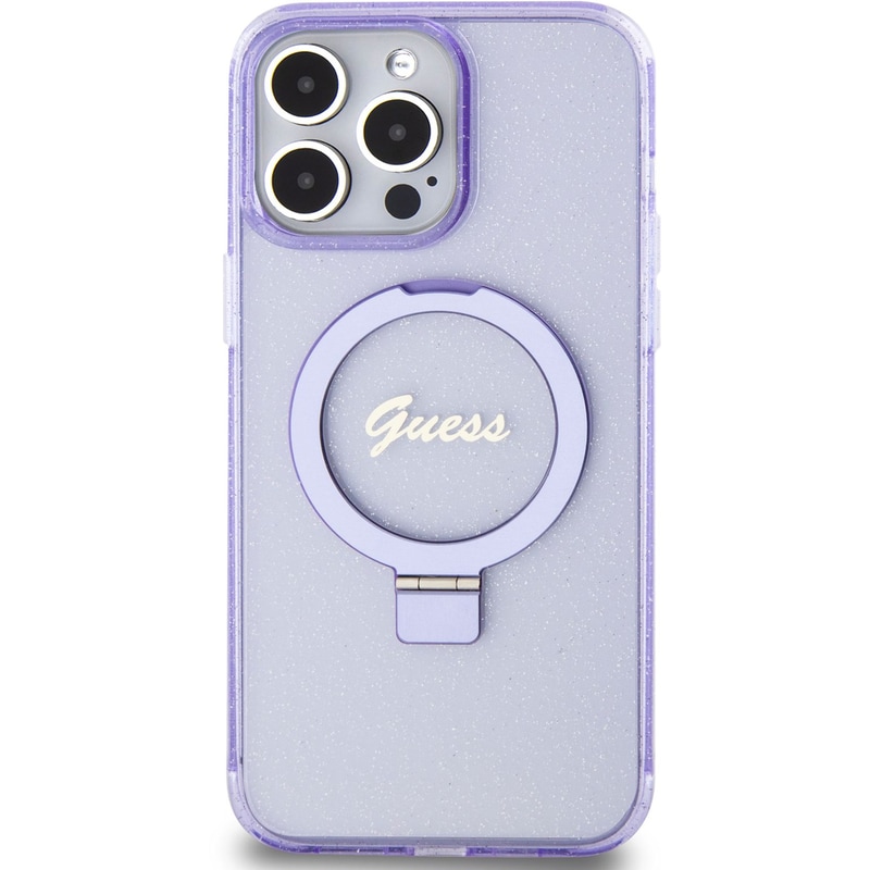 Guess Magsafe Ring Stand Glitter Hard Case Script Logo Θήκη Προστασίας Από Σιλικόνη – Iphone 15 Pro Max (διάφανη / Μωβ – Guhmp15xhrsgsu)