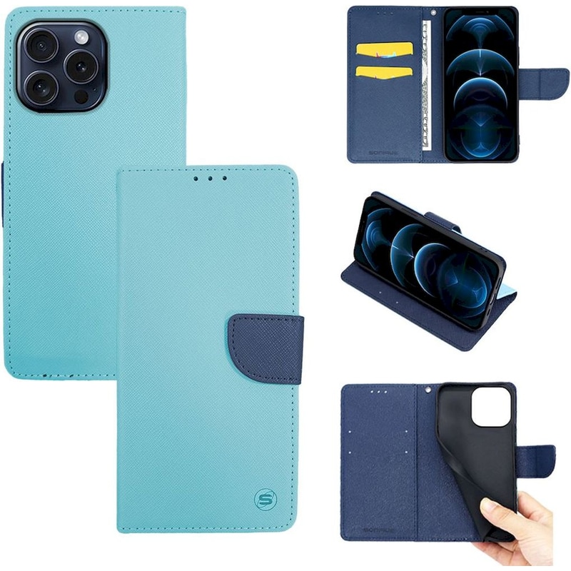Θήκη Apple iPhone 15 Pro Max - Sonique Trend Book - Σιέλ/Σκούρο Μπλε