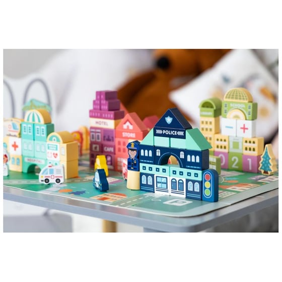 Εκπαιδευτικό Παιχνίδι Δραστηριοτήτων Χαλάκι με Σχέδιο Πόλης και 121 Ξύλινα Τουβλάκια "Wooden City Set" image 5