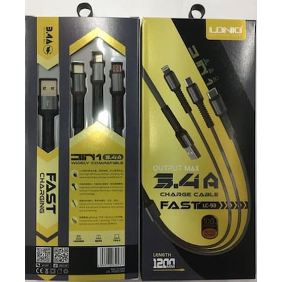 Σετ Καλωδίων Ldnio LC93 Fast Data 3in1 micro USB/Lightning/Usb-C 2.1A 1.2m - Black image 0