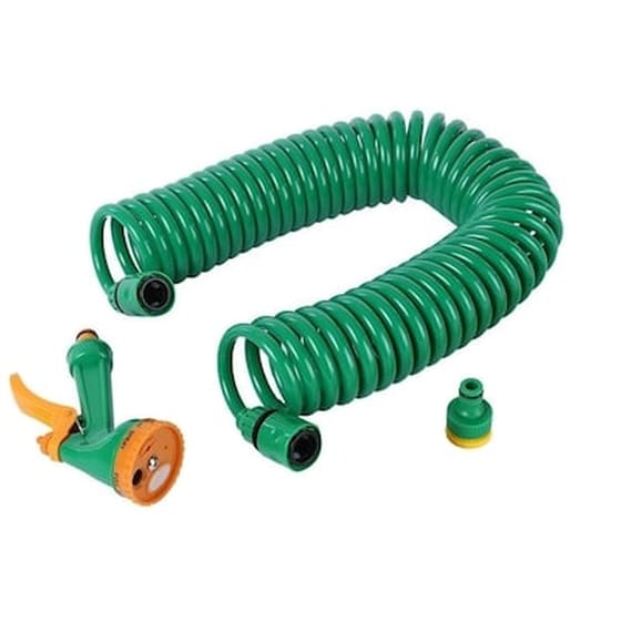 Επεκτεινόμενο Λάστιχο Ποτίσματος Σπιράλ 15m Και Πιστόλι Μπεκ Με 4 Λειτουργίες Ροής Coiled Hose image 1