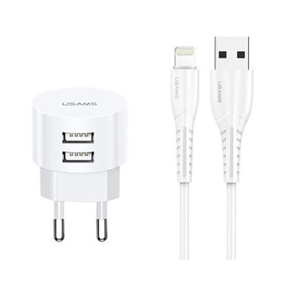 Σετ Φόρτισης Usams T20 2x Usb 2.1A with cable Lightning 1m - White image 0