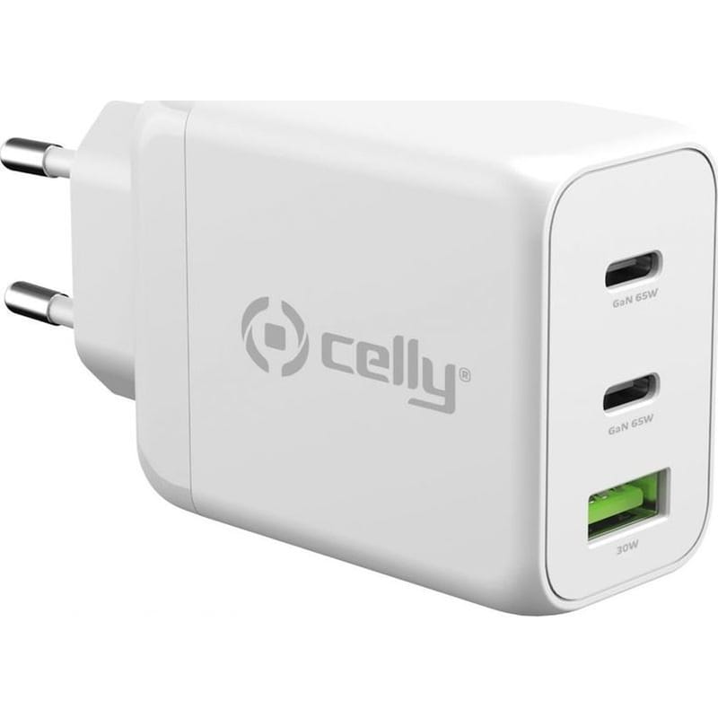 CELLY Celly Φορτιστής Τοίχου Gan 2x USB-C 65W και USB-A 30W - Λευκό