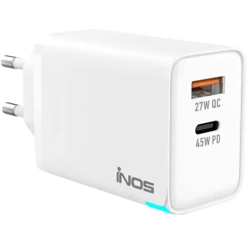 Φορτιστής Πρίζας Inos INOSNS-71858 1x USB-A, 1x USB-C 45 W - Λευκό