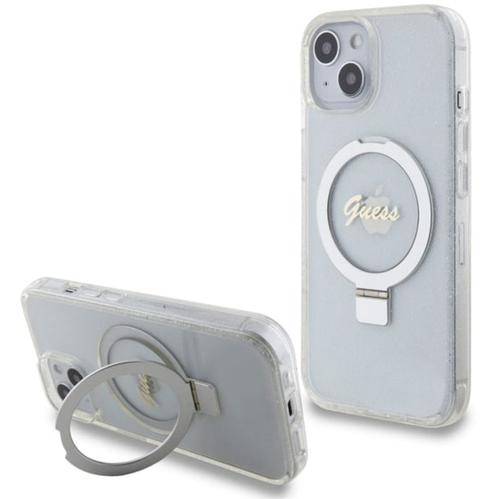 Θήκη Apple iPhone 15 - Guess Magsafe Ring Stand Glitter Hard Case Script Logo - Διάφανο image 1
