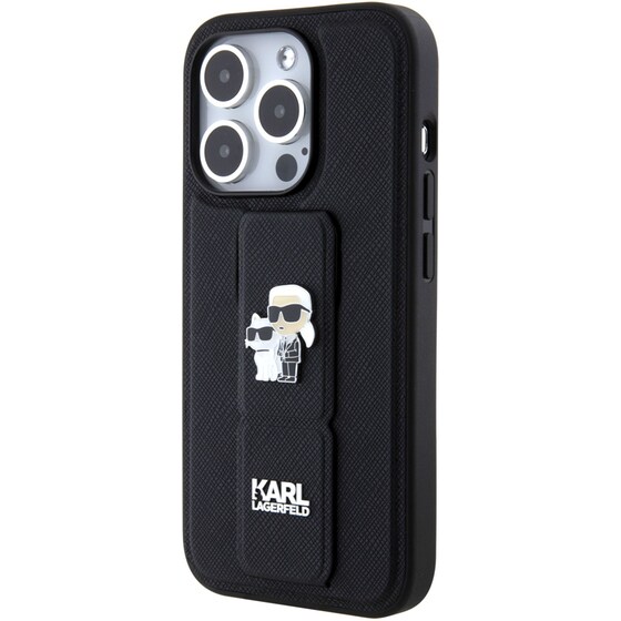 Θήκη Apple iPhone 15 Pro - Karl Lagerfeld Karl + Choupette Metal Pin Saffiano Gripstand Case - Black image 3