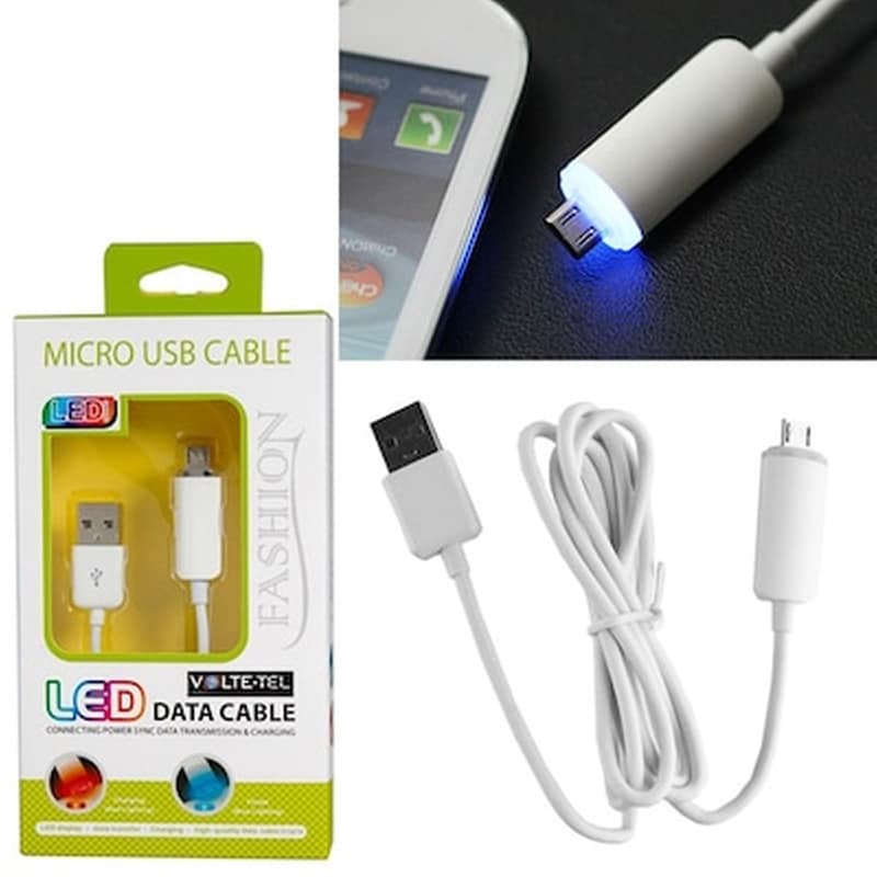 Καλώδιο δεδομένων Volte-tel Led Usb to MicroUsb 2.1A 1m - White
