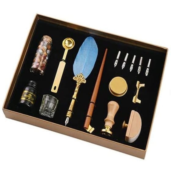 Σετ Γραφής Με Πένα Φτερό Γαλάζιο Και Ξύλινο Κονδυλοφόρο Αντίκα Jiner image 0