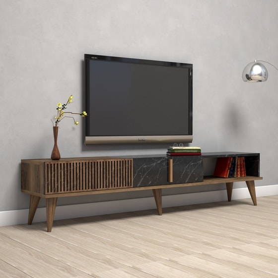Έπιπλο Τηλεόρασης Pavia από Μοριοσανίδα 180x35x40cm - Καρυδί/Μαύρο image 1
