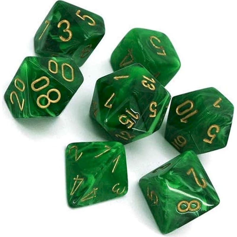 CHESSEX Σετ 7 Διαφανών Πολύεδρων Ζαριών Chessex για Επιτραπέζια Παιχνίδια - Χρυσοπράσινο